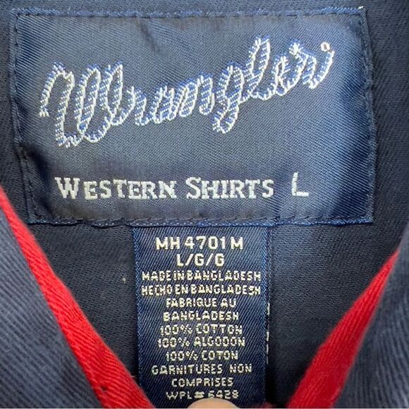 90's Wrangler Western Shirt Texas Flag Button Down Long Sleeve Red White Blue L - Picture 2 of 15